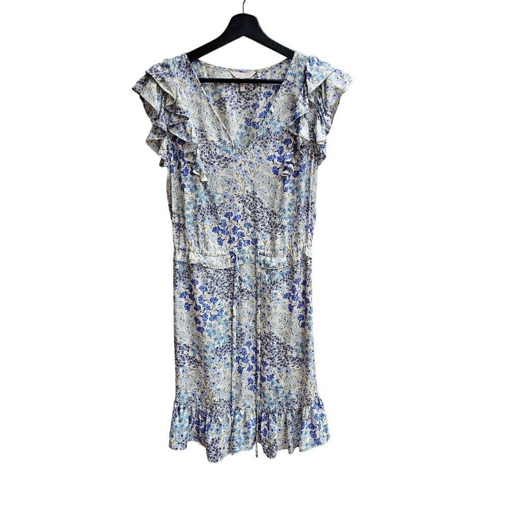 100% Silk Rebecca Taylor Blue & White Floral Dress With Ruffled Size 8